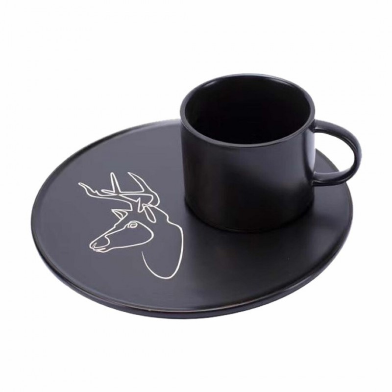 Tasse/Sous-tasse en céramique noir illustration cerf, D6.3xH8CM - THOMAS