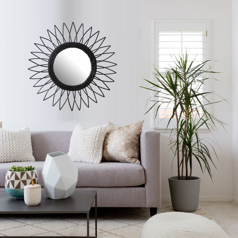 Black Rattan Sun Round Mirror
