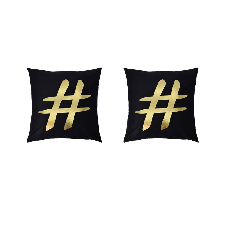 Set of 2 PORTONOVO black cushions with golden hashtag 45x45