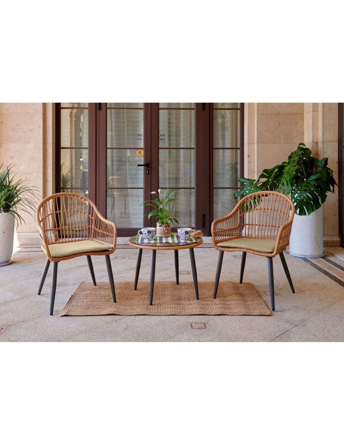 Afkeer stopverf rem Set van 3 tuinmeubelen waaronder 2 fauteuils en kussens + tafel
