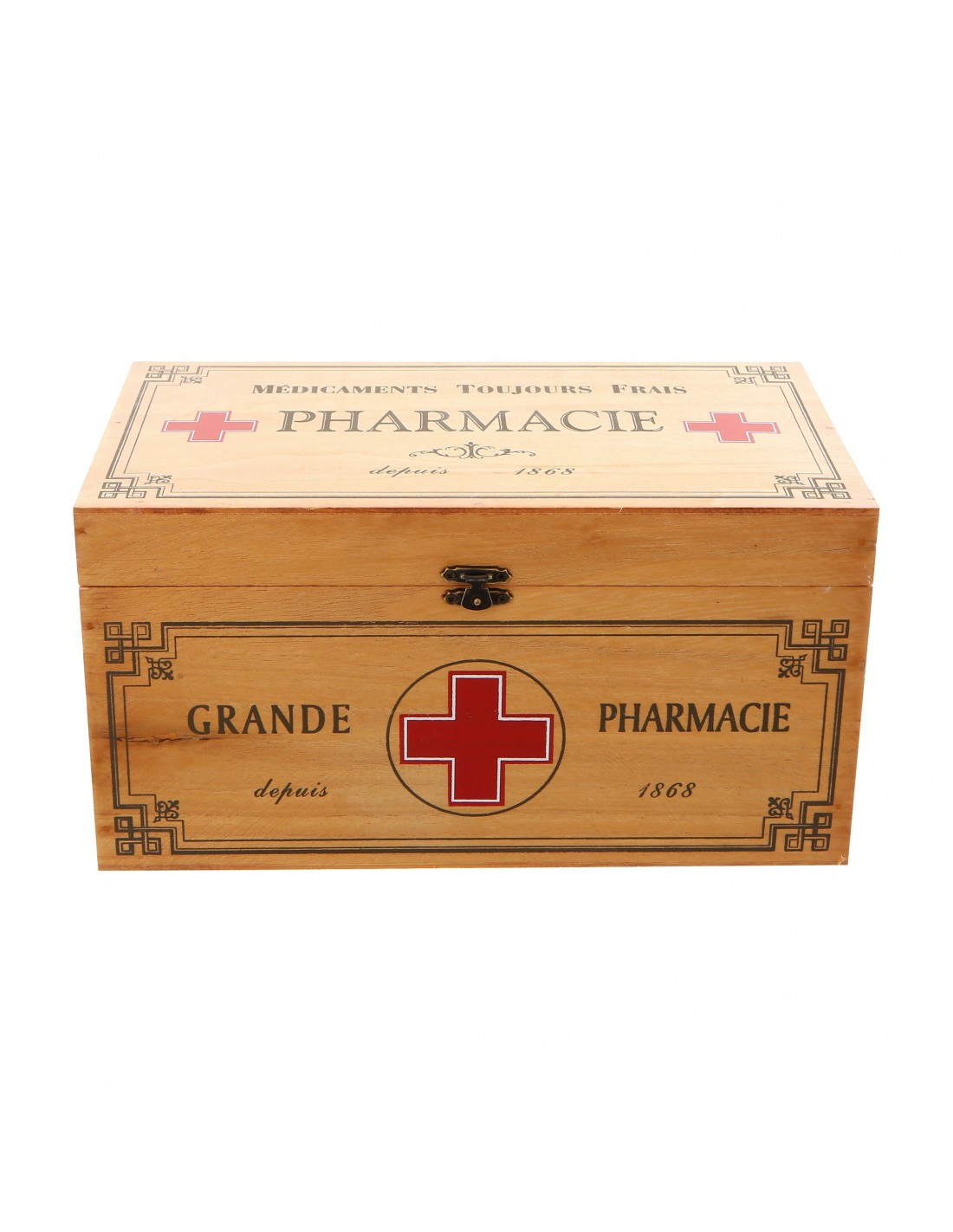 Boîte à pharmacie en bois imprimé croix rouge, 30x17.8xH14.5cm