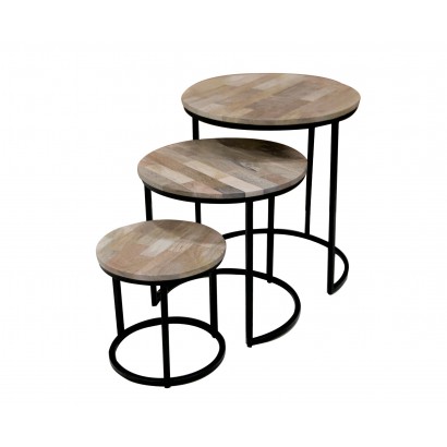 Set Of 3 Round Nesting Tables In Wood, Wood And Metal Hudson Pub Tableware