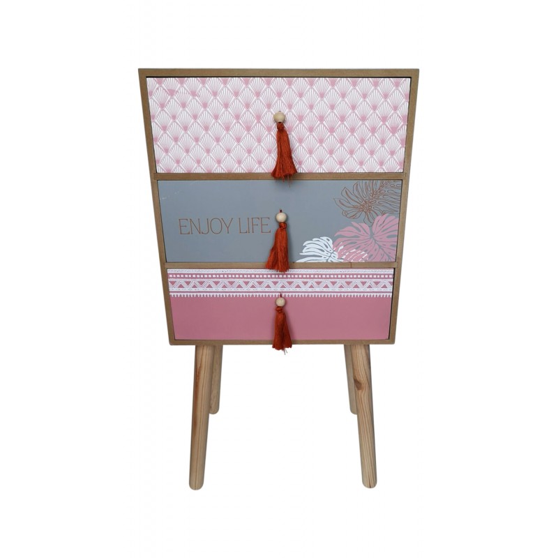 Children's chest of drawers with pink tropical print, wooden legs, 35x24H70CM - LILOU