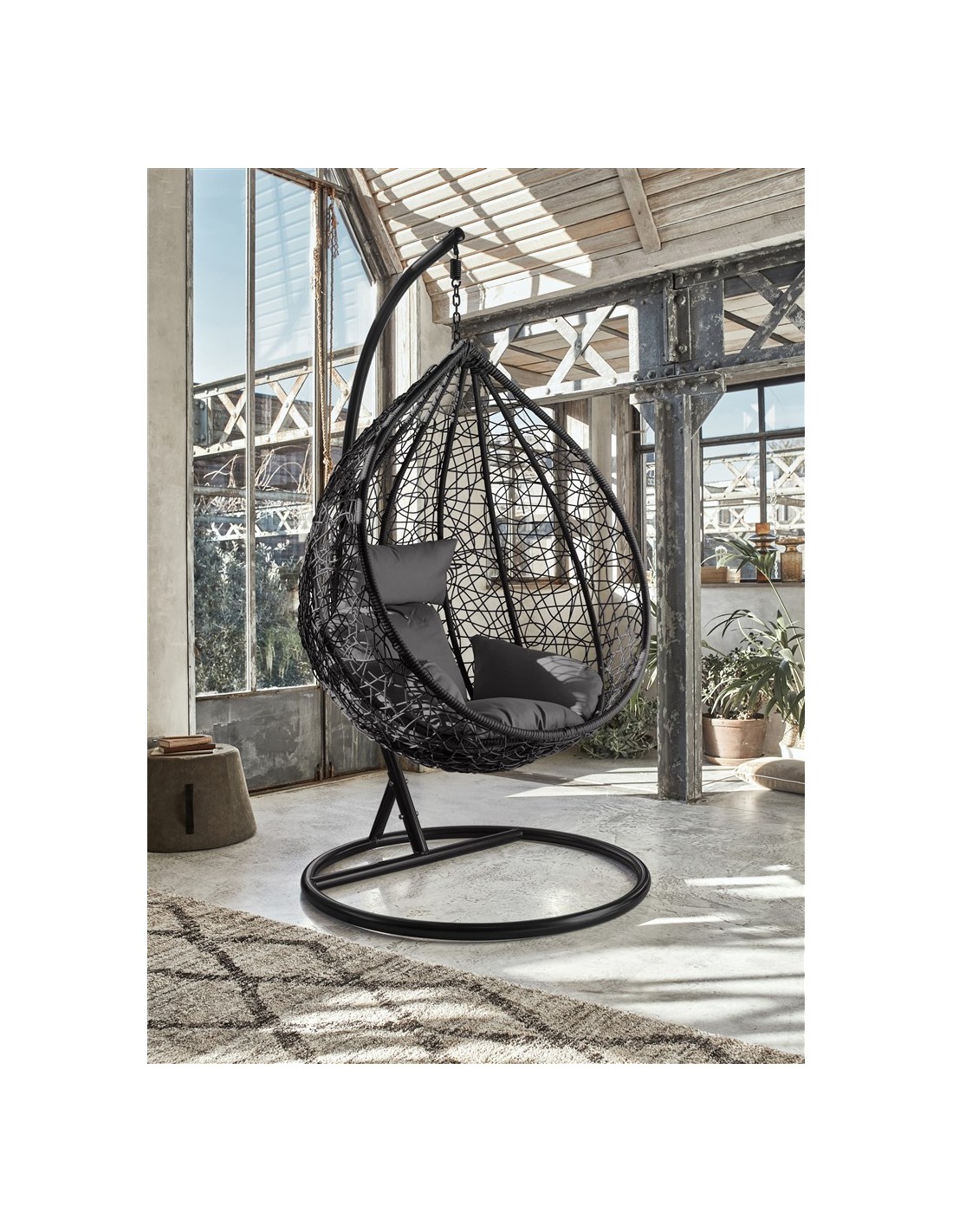 Chaise suspendue fauteuil œuf balancelle noir avec coussin et support 150  kg