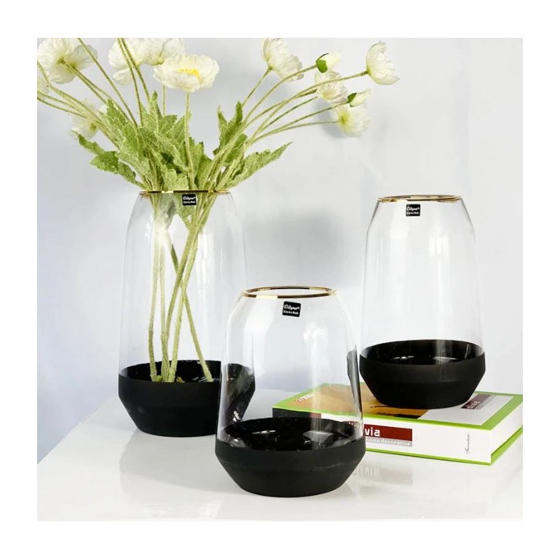 Vase en verre avec fond noir et bordure dorée, D9xH17CM