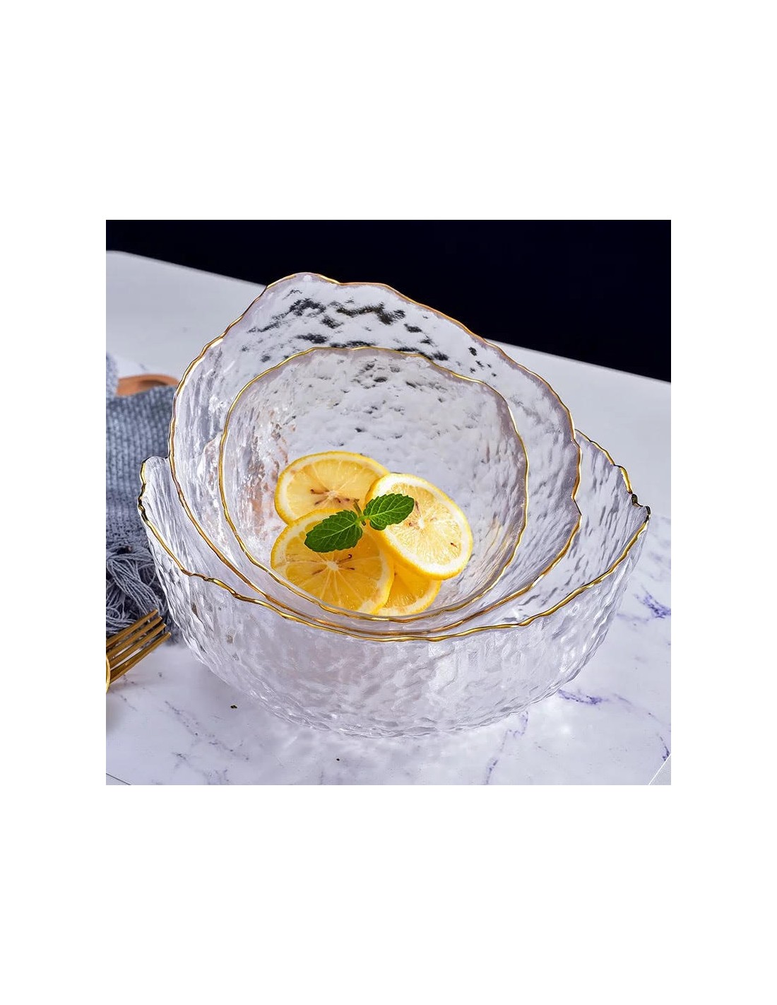 Golden Edge Glass Salad Bowl - Transparent Tableware For