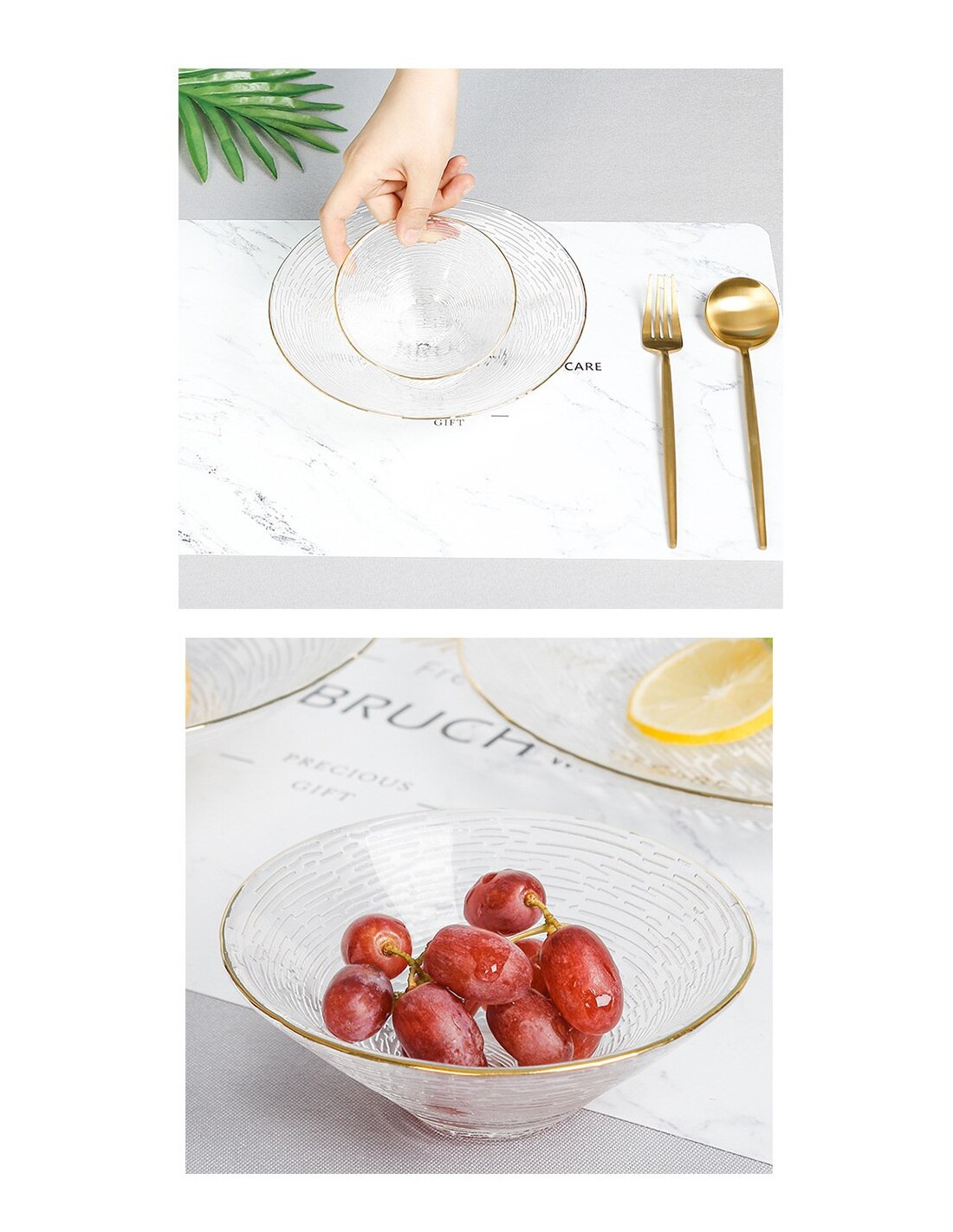 Glass soup plate with gold contour, D20.5x6CM